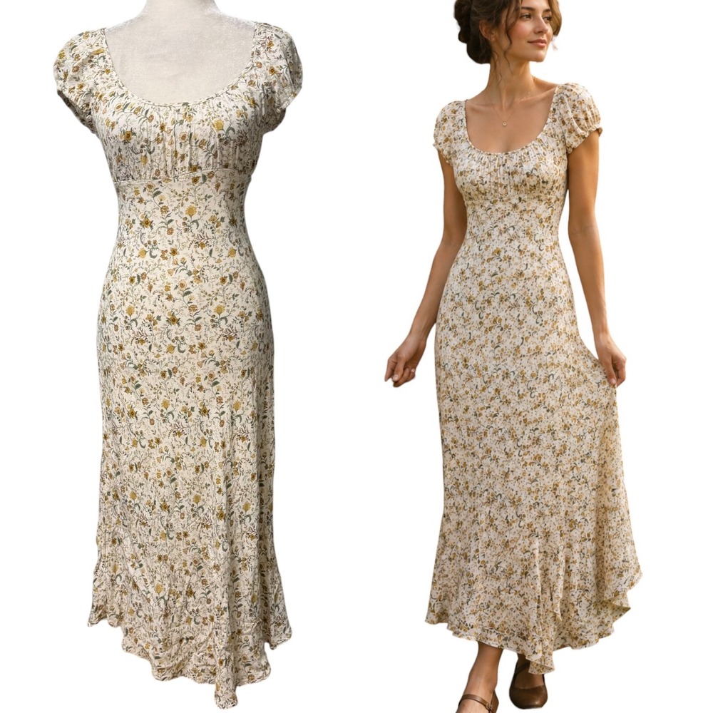 Womens M Maxi Floral Scoop Neck Milkmaid Feminine Cottagecore Romantic Coquette